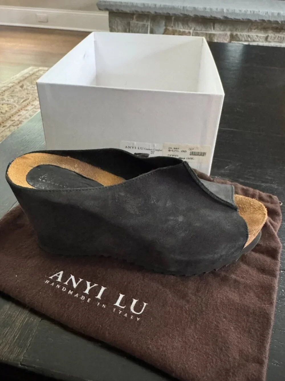 Anyi Lu Black Soft Suede Peep Toe Wedge Mules Slip On